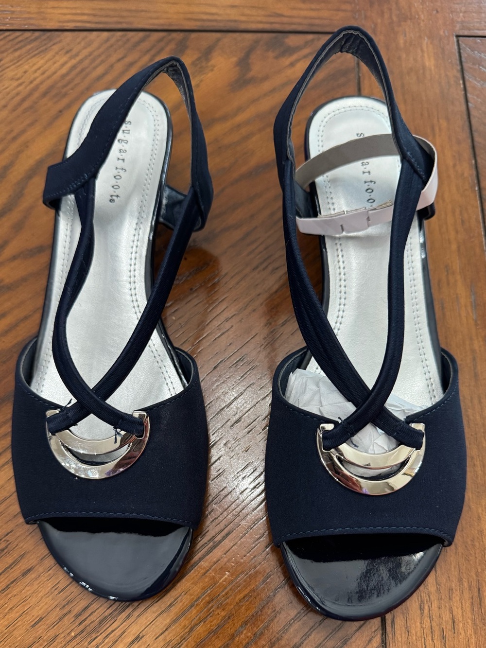 Slingback Navy Heeled Sandals with Silver Accent